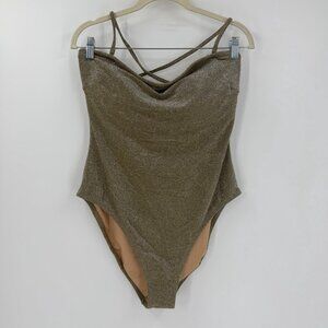 NWOT J. Crew One-Piece Bathing Suit 14 Gold Sparkle Bandeau Adjustable Swim Pool